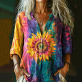 Women's Colorful Tie-dye Sunflower Art Print Casual Linen Shirt artswardrobe