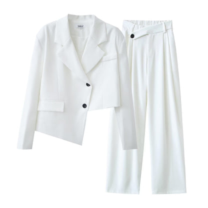 Autumn Winter Irregular Asymmetric Blazer High Waist Wide Leg Pants Set
