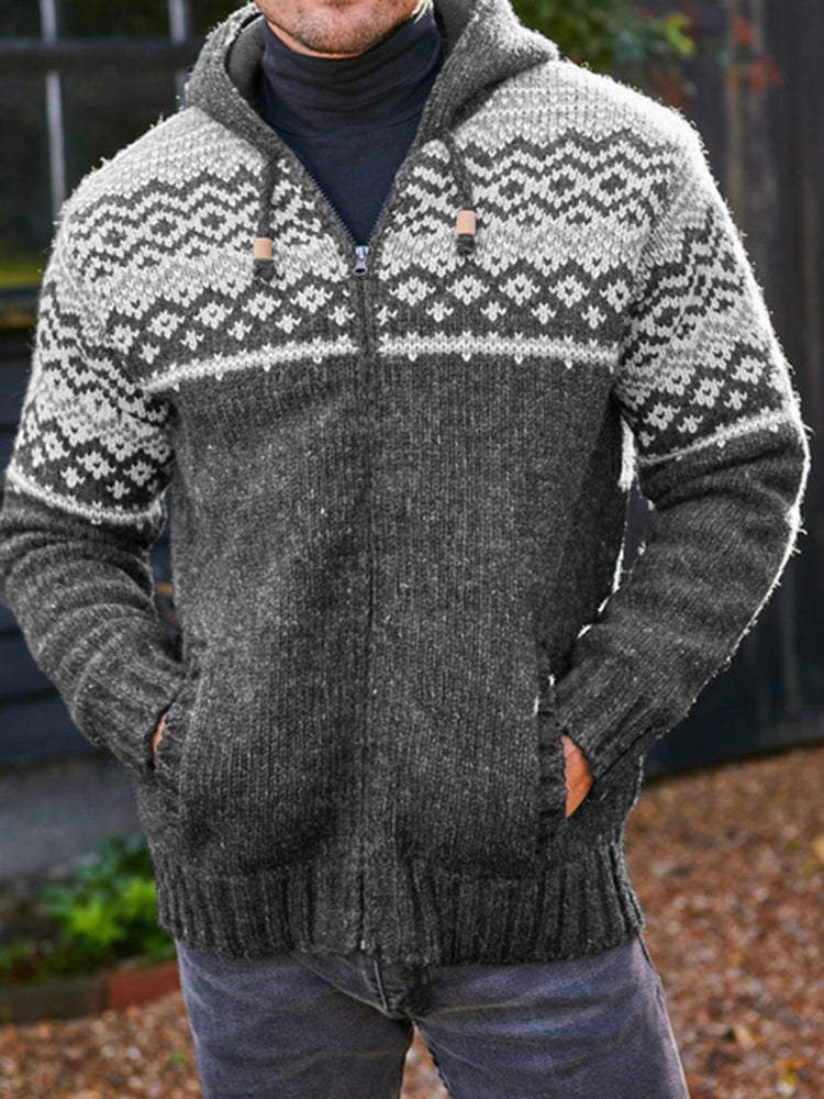 Mens Vintage Fair Isle Knitted Hooded Cardigan elevenforest