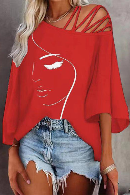 Print Patchwork Oblique Collar T-shirts(5 Colors)
