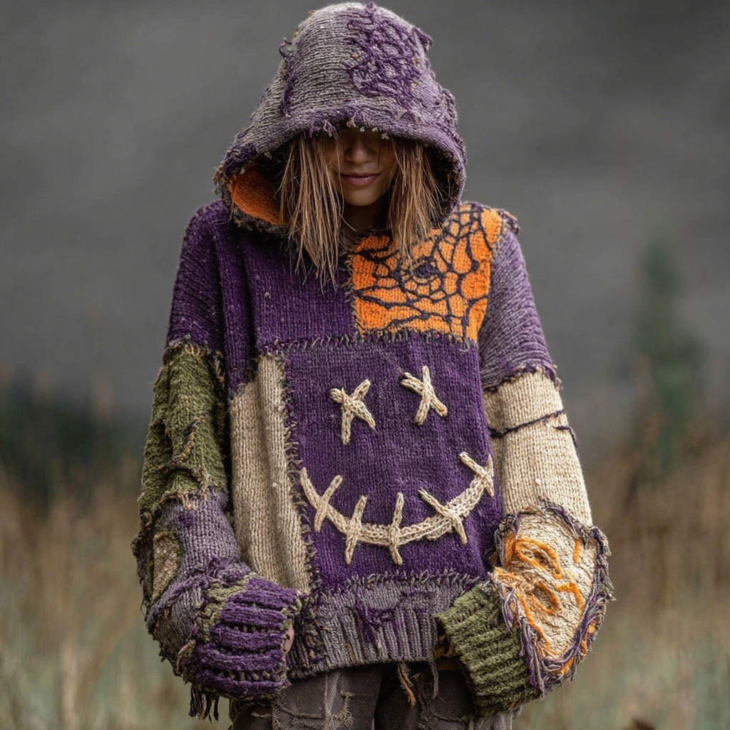 Halloween Spooky Face And Spider Web Patchwork Design Cozy Knit Hooded artswardrobe
