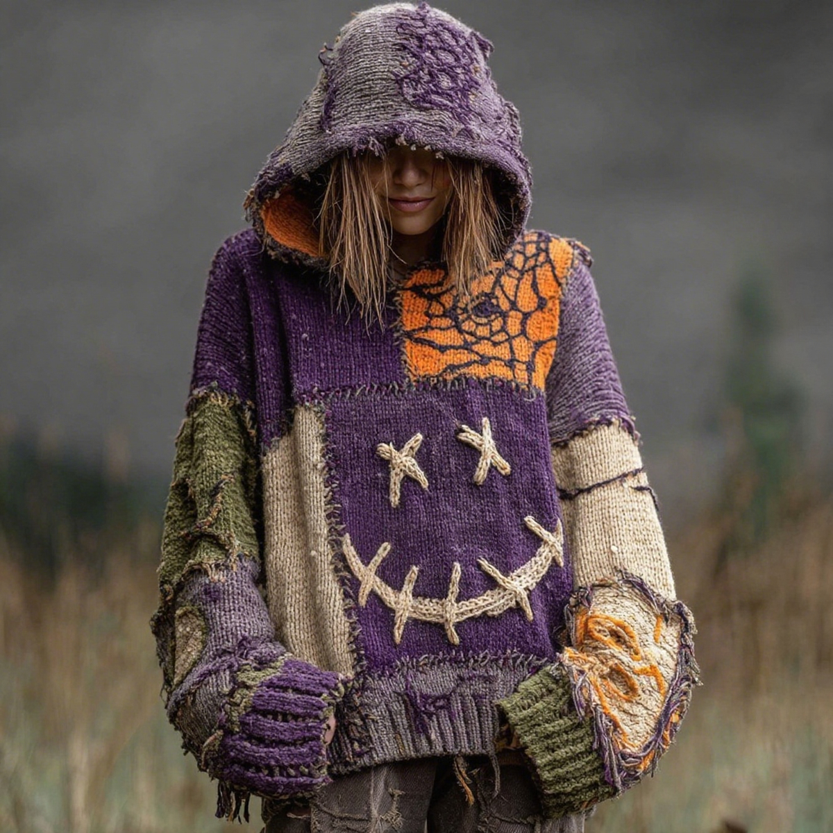Halloween Spooky Face And Spider Web Patchwork Design Cozy Knit Hooded artswardrobe