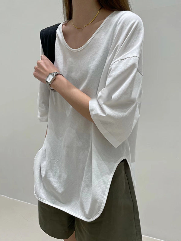 Loose Split-side Color V-neck T-shirts Tops