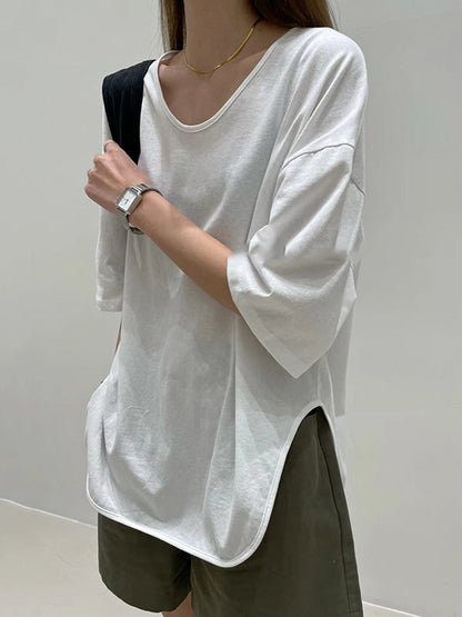 Loose Split-side Color V-neck T-shirts Tops