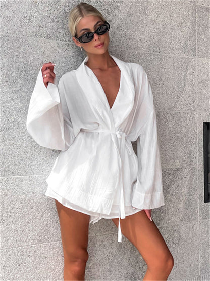 Tossy White Lace-up 2 Piece-set Shorts for Loose Bandage Cardigan Coat and High Waist Shorts Sets Female Outfits