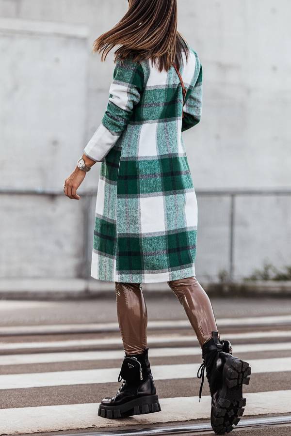 Mid Length Double Breasted Plaid Print Woolen Coat