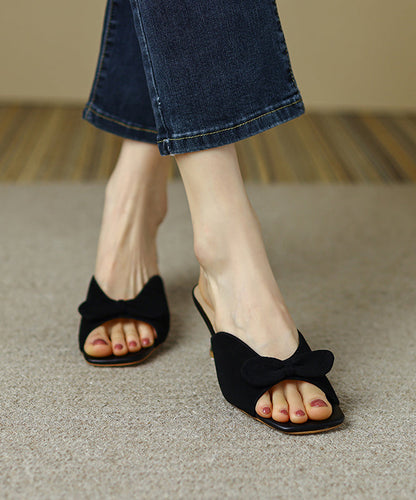 Classy Bow Splicing High Heel Blue Suede Slide Sandals Aa034