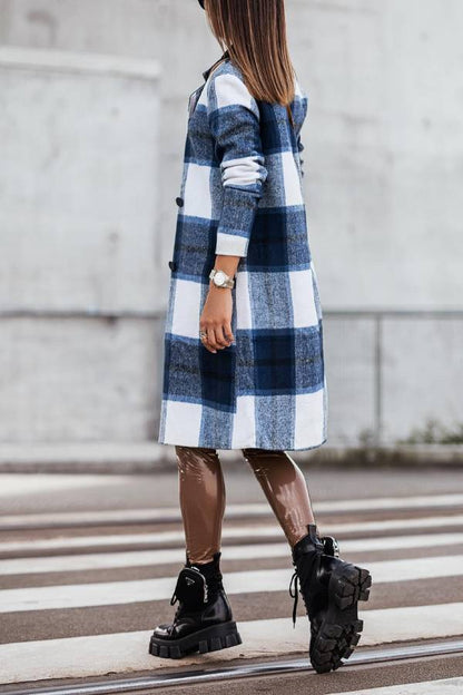 Mid Length Double Breasted Plaid Print Woolen Coat