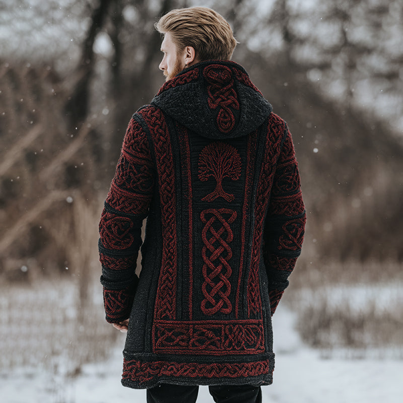 Men's Retro Tree Of Life Celtic Knot Art Jacquard Chunky Knitted Cozy Hooded Cardigan elevenforest