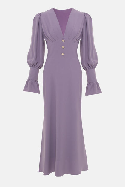 V-neck Lantern Sleeve Midi Dress