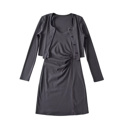 Pure Suit Autumn Winter Short Slim Long Sleeve Cardigan Inner Wear Pleated Cami Dress
