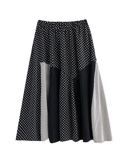 Loose Oversize Striped Polka-dot Split-joint Blouse Top A-line Skirt Bottom Two Pieces Set