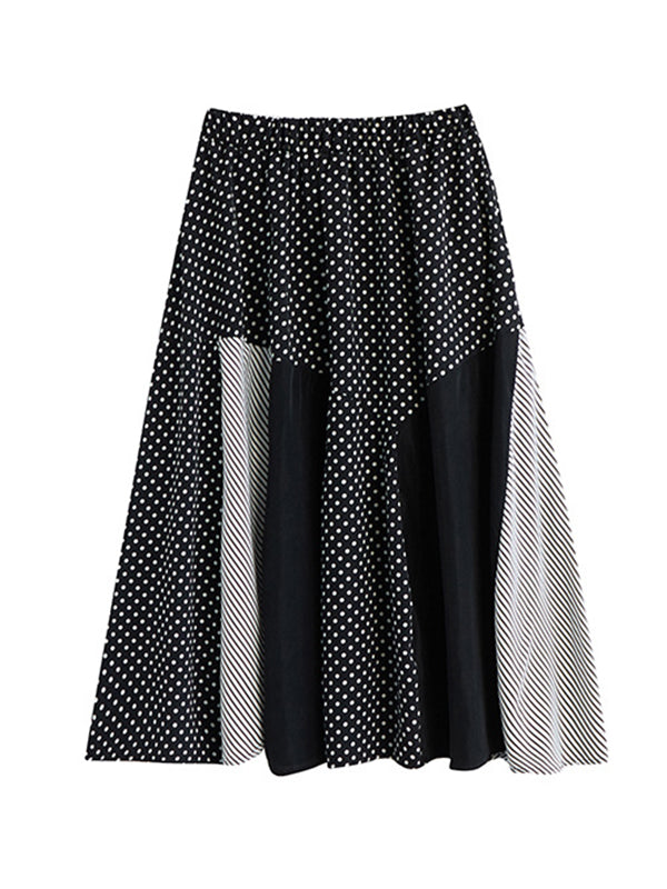 Loose Oversize Striped Polka-dot Split-joint Blouse Top A-line Skirt Bottom Two Pieces Set