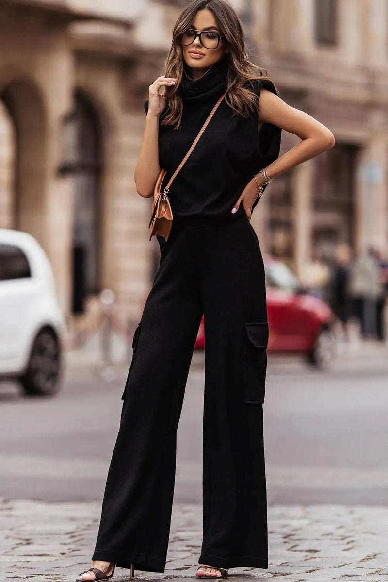 Black High Neck Sleeveless Vest and Cargo Pants Set