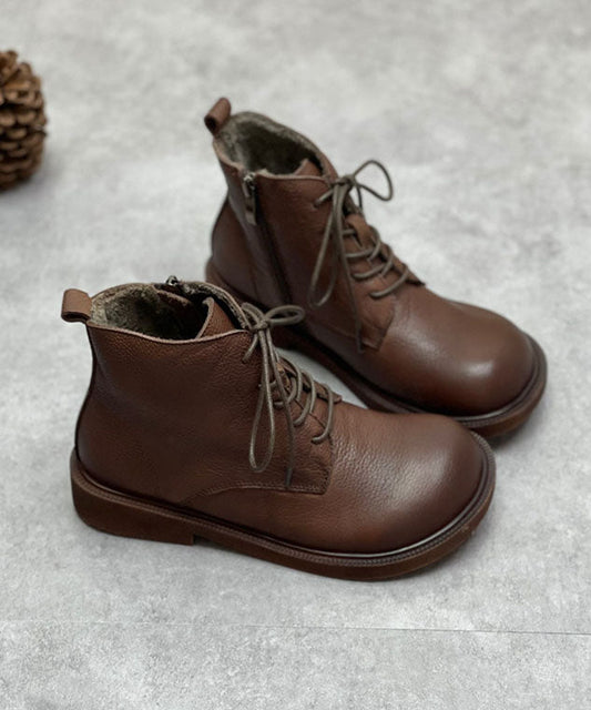 Chocolate Boots Cowhide Leather Warm Fleece Lace Up Boots