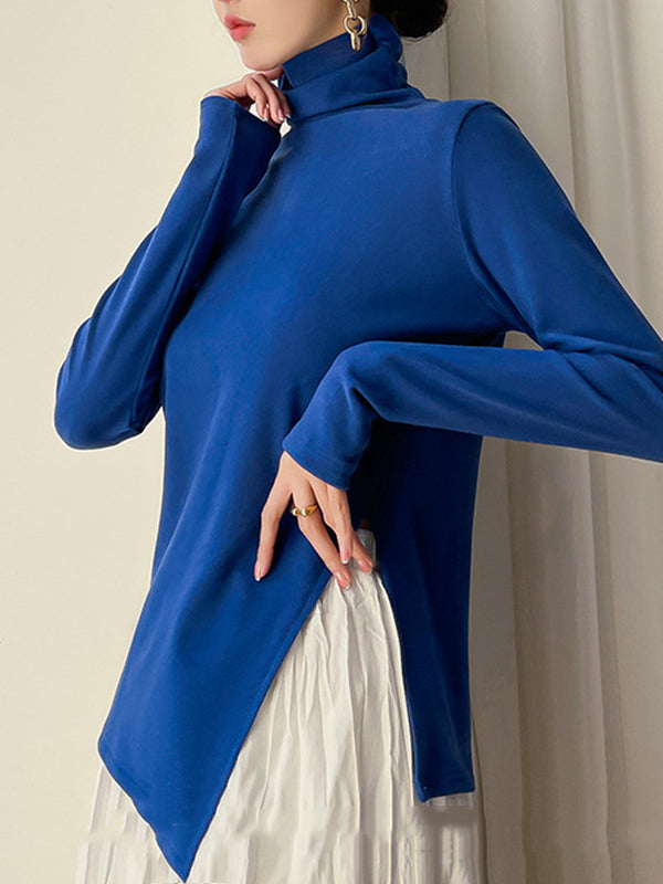 Skinny Long Sleeves Split-side Color High-neck T-shirts Tops