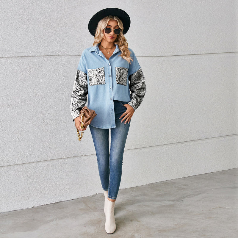 Leopard Print Denim Cardigan With Long Sleeve – Trade Loose Stitching