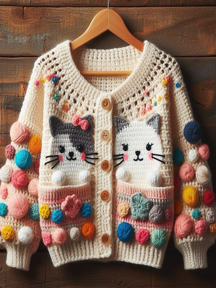 Cute Cats Pattern Cozy Soft Crochet Cardigan artswardrobe
