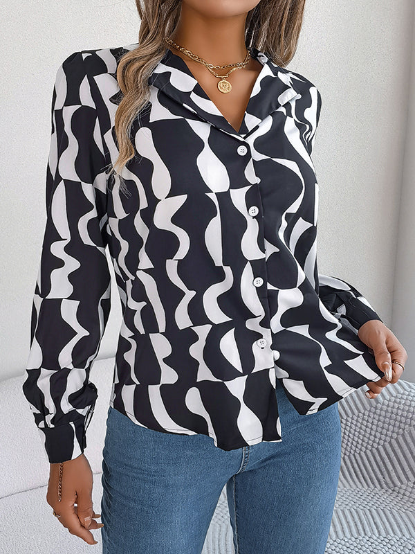 Long Sleeves Buttoned Contrast Color Notched Collar Blouses&shirts Tops