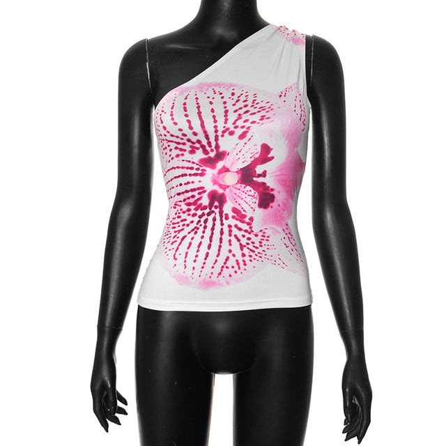 Cutenova Print Fitted Tops Resort Wear Graphic Tees Summer One Shoulder Slash Backless Tank Top