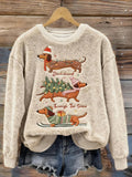 Women's Cute Christmas Dachshund Pattern Flannel Hoodie