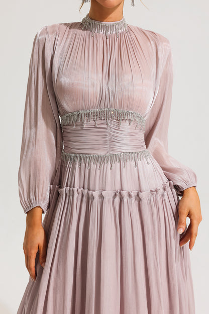 Rhinestone Ruched Long Sleeve Ruffle Midi Dress
