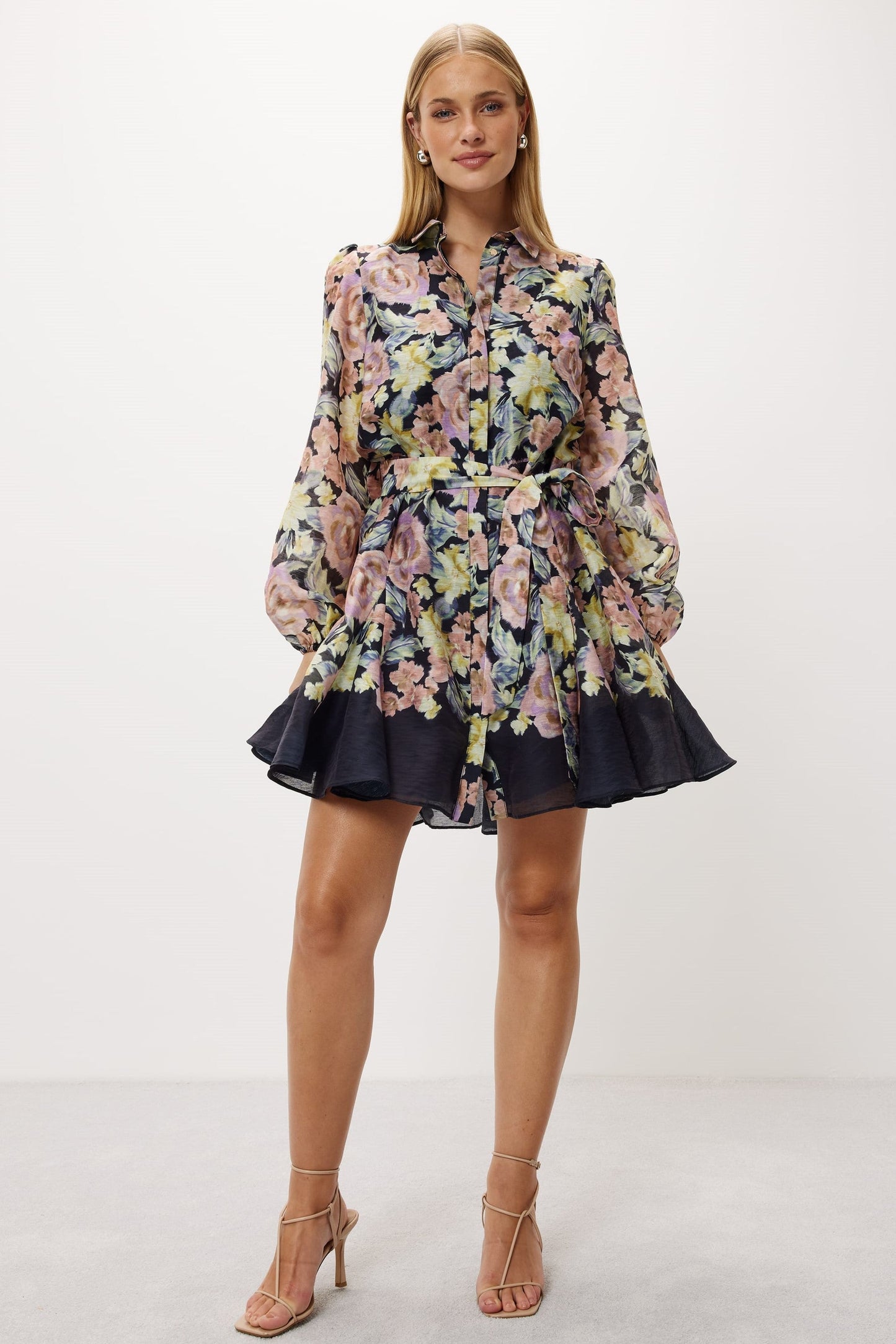 Lantern Sleeve Mini Dress With Belt
