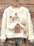 Cat On The Roof Warming Up In A Round-neck Flannel Sweatshirt