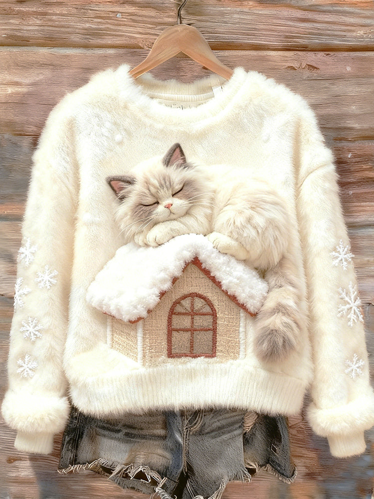 Cat On The Roof Warming Up In A Round-neck Flannel Sweatshirt