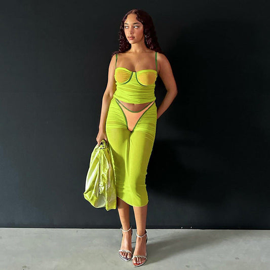 Clothing Summer Sleeveless Strap Top Pleated Stitching Pantskirt Color Matching Mesh Suit