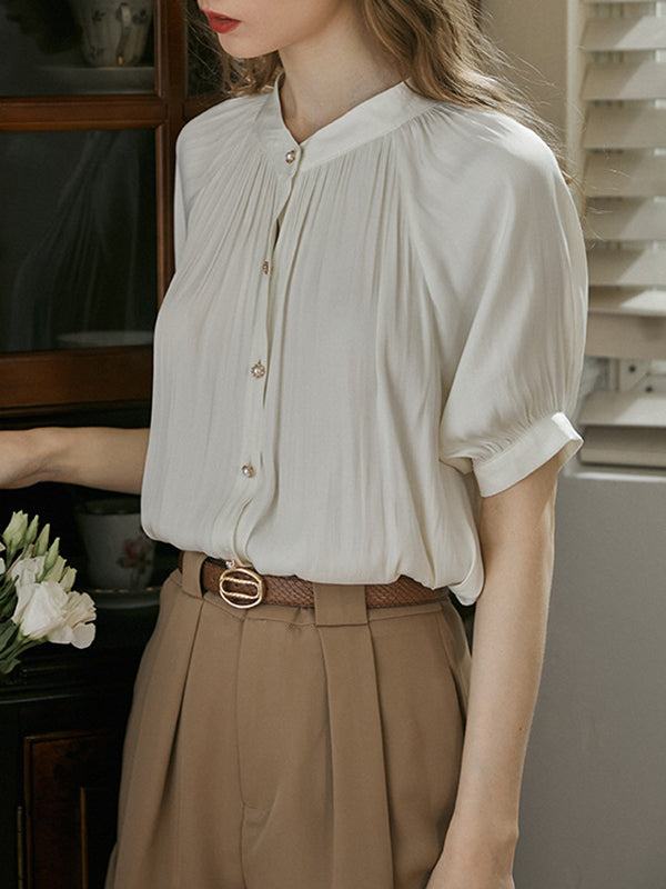 Loose Puff Sleeves Buttoned Pleated Round-neck Blouses&shirts Tops