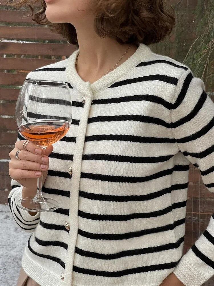 Tossy Striped Knit Sweater Cardigan Coat Female Loose Long Sleeve Slim Patchwork Contrast Outwear Summer Knitwear Coat