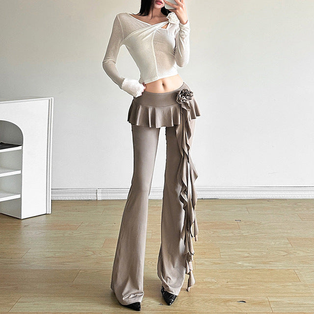 Taruxy Flower Ribbons Straight Pants for Color High Strecth Folds Patchwork Female Summer Trousers
