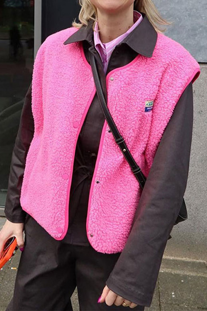Street Pocket Buttons Fluffy O Neck Waistcoats(3 Colors)