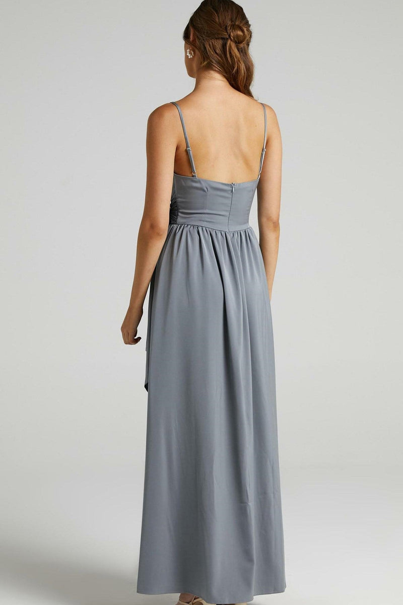 Cami V-neck Wrapover Pleated Lace Up Slit Maxi Dress Grey