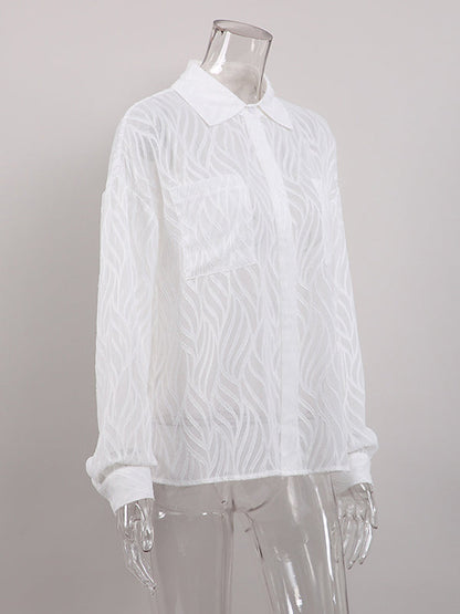 Long Sleeves Loose Buttoned Pockets See-through Color Split-joint Lapel Blouses&shirts Tops