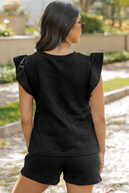 Textured Black Ruffle Sleeve Tee and Drawstring Shorts Set