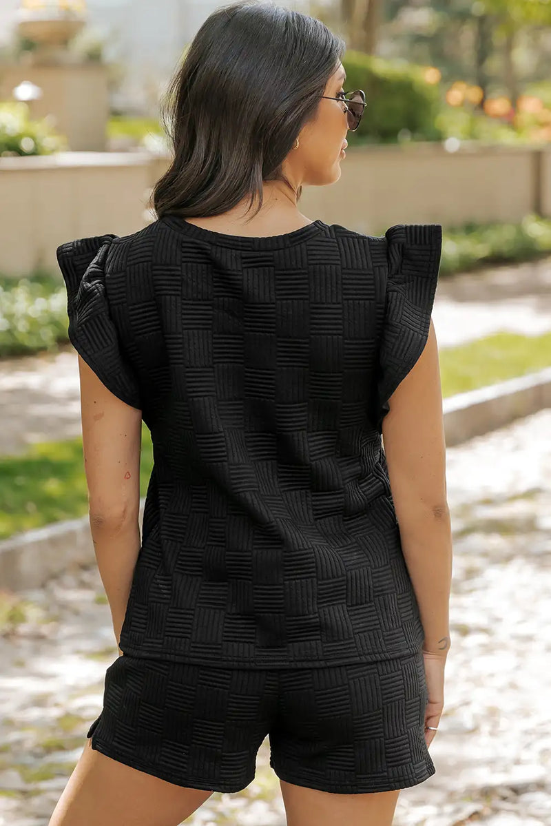 Textured Black Ruffle Sleeve Tee and Drawstring Shorts Set