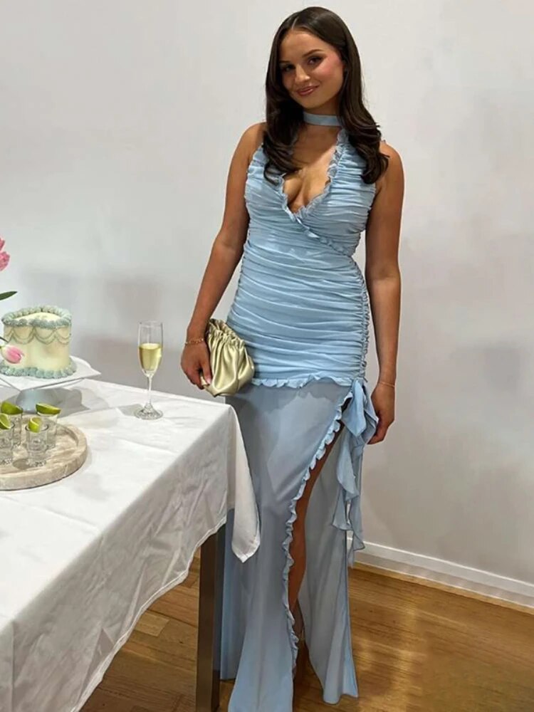 Taruxy Deep V Neck Slim Maxi Dresses for Mesh Splice See Through Folds Long Dress Femme Side Slit Evening Dress Woman