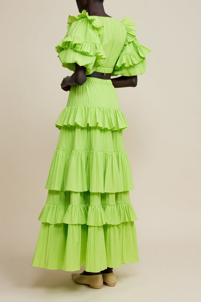 Ruffle Puff Sleeve Top ?mid Waist Maxi Skirt Set