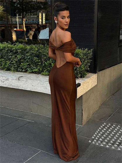 Tossy Pleated Off-shoulder Long Dress for Twist Backless Patchwork Party Dress Summer Maxi Dress New