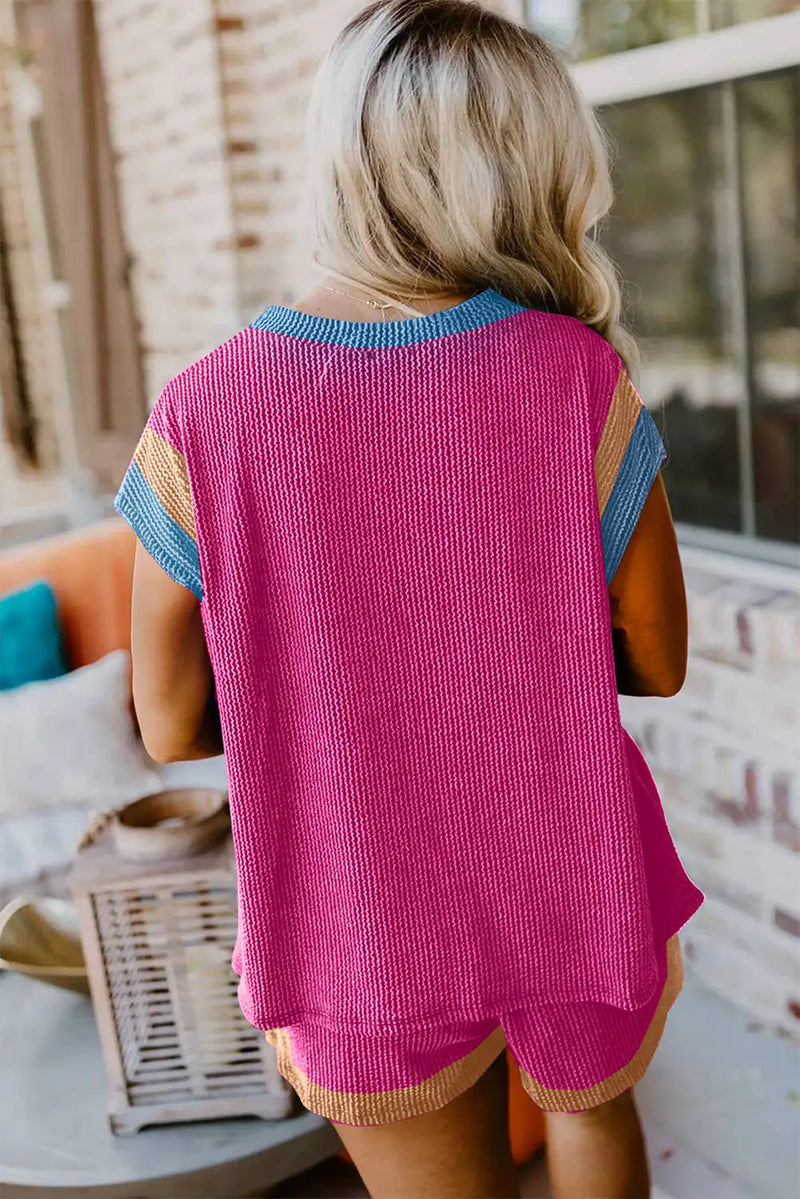 Vibrant Pink Textured Knit Plus Shorts Set