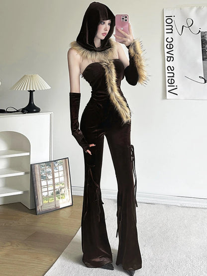 Taruxy Bandage Slim Flare Pant Sets Backless Hoodies Woman Autumn Winter Pants 2 Piece Suits Outfits