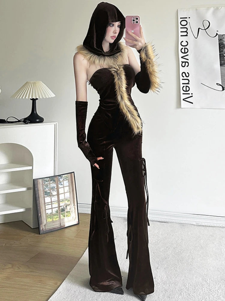 Taruxy Bandage Slim Flare Pant Sets Backless Hoodies Woman Autumn Winter Pants 2 Piece Suits Outfits