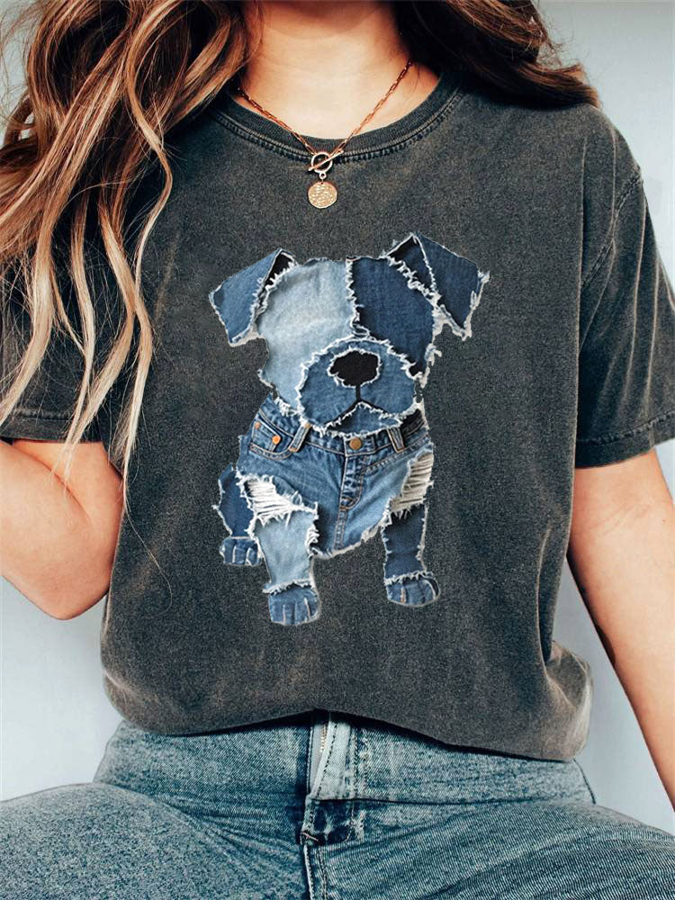 Women's Casual Funny Denim Dog Print T-shirt artswardrobe