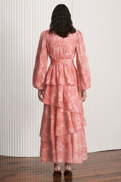 V-neck Lantern Sleeve Midi Dress With Belt