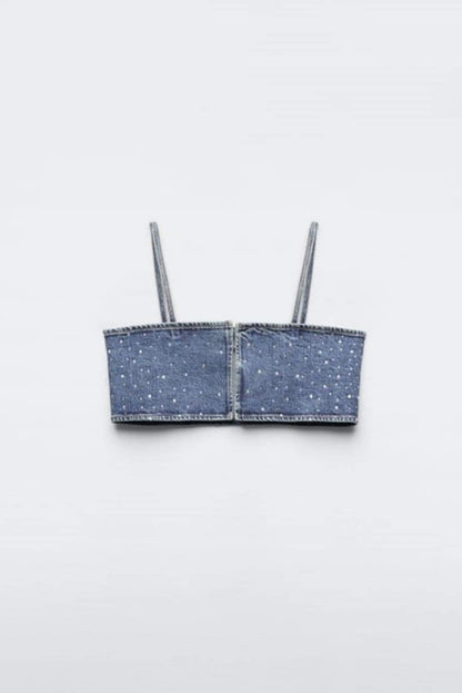 Lena Diamante Denim Crop Top