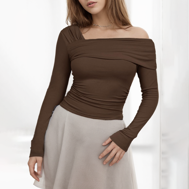 Cutenova Basic Undershirt Slash Off Shoulder Full Sleeve Shirt Shrunk Soft T-shirt Autumn Versatile Street Daily Top