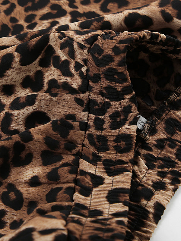 Loose Leopard Split-joint Lapel Long Sleeves Tied Waist Blouse + Elasticity Pants Trousers Two Pieces Set