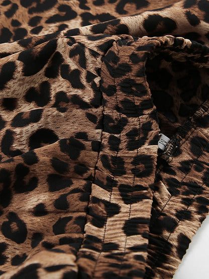 Loose Leopard Split-joint Lapel Long Sleeves Tied Waist Blouse + Elasticity Pants Trousers Two Pieces Set